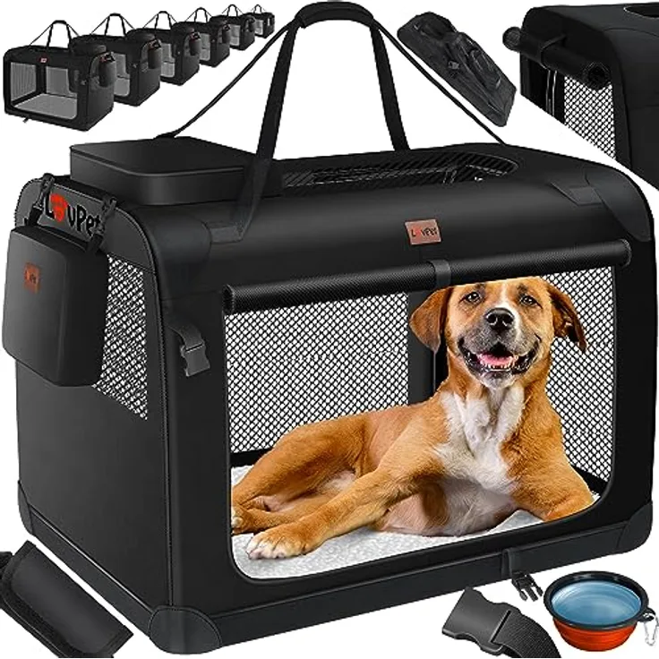 Lovpet® Hundebox Hundetransportbox faltbar Inkl.Hundenapf XXL 91,4x63,5x63,5cm Transporttasche Hundetasche Transportbox für Haustiere, Hunde und Katzen Haustiertransportbox Schwarz
