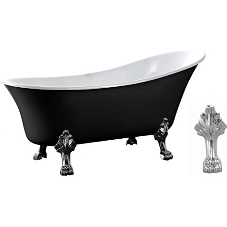 BERNSTEIN Freistehende Badewanne PARIS Acryl - 176 x 71 cm - Schwarz glänzend - Nostalgisches Design - Füllmenge ca. 193 L - Hochgezogene Rückenschräge - Chromfarbene Metallfüße - Optional wählbare Standarmatur