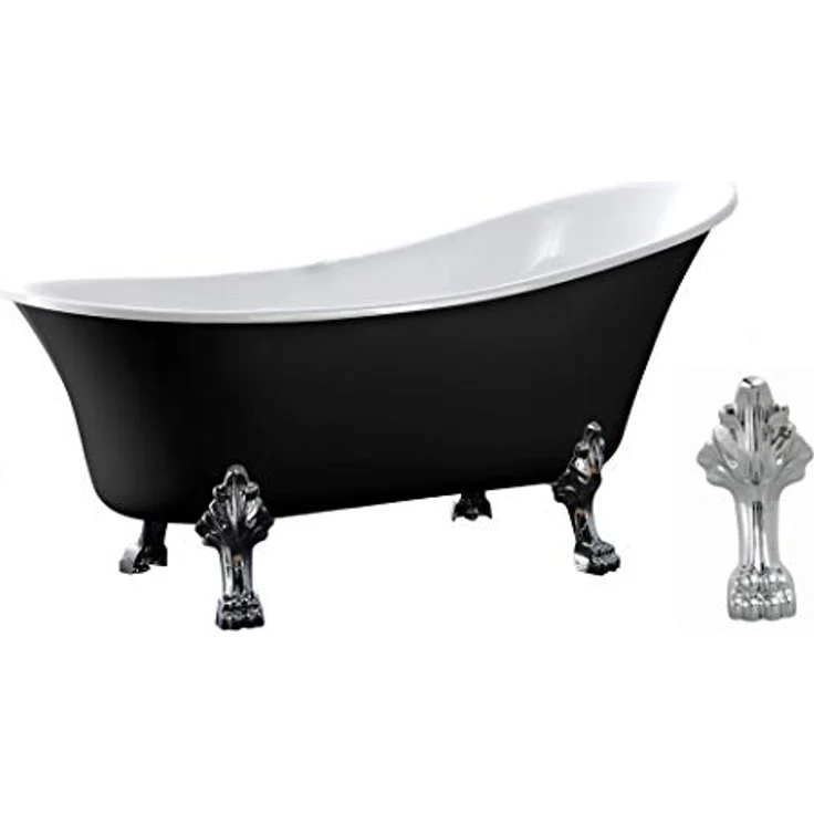 BERNSTEIN Freistehende Badewanne PARIS Acryl - 176 x 71 cm - Schwarz glänzend - Nostalgisches Design - Füllmenge ca. 193 L - Hochgezogene Rückenschräge - Chromfarbene Metallfüße - Optional wählbare Standarmatur – Bild 1
