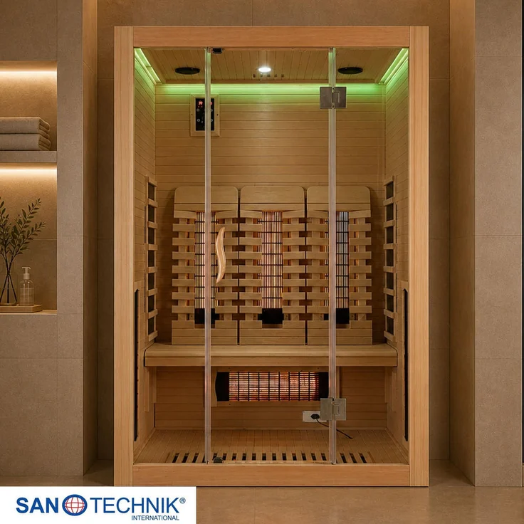 Sanotechnik Infrarotkabine Open, Hemlocktanne, 120x200x150 cm, 6 Vollspektrumstrahler, integriertes Soundsystem, Wellness für 3 Personen