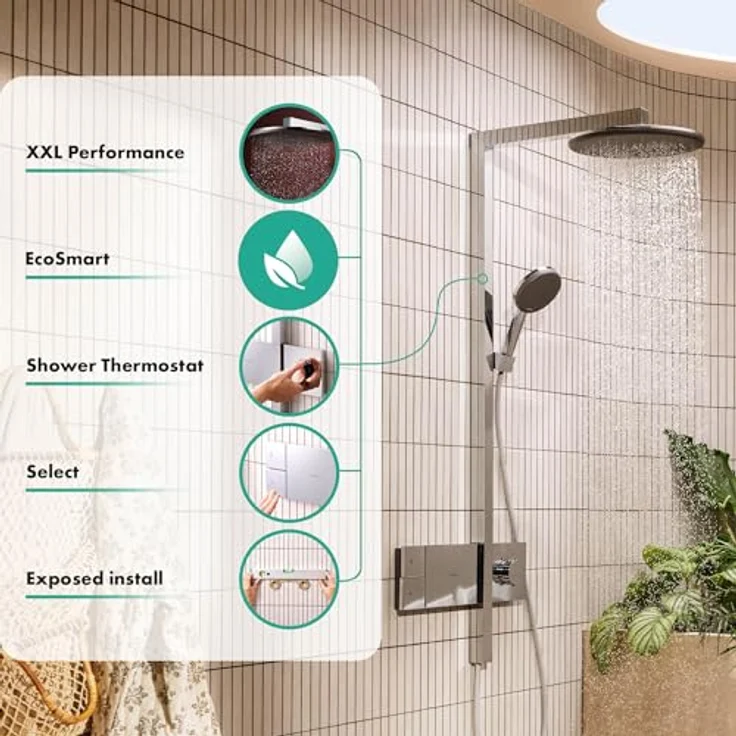 hansgrohe Raindance Alive S Duschsystem, Regendusche 300 mm mit Thermostat, Handbrause und EcoSmart Technologie, wassersparend, Chromoptik – Bild 4