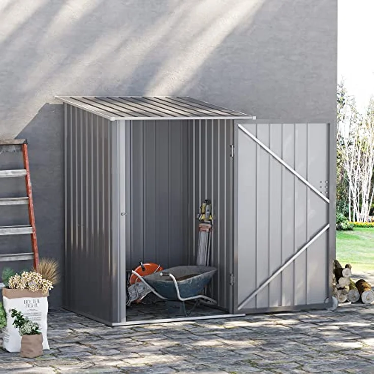 Outsunny Gerätehaus aus Stahl, 0,92 m² Geräteschuppen mit Pultdach Gartenschrank abschließbar, Gartenschuppen für Balkon, Terrasse, 100 x 103 x 160 cm, Grau – Bild 2