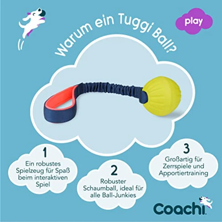 Company of Animals Coachi Tuggi Ball, Robustes Tierspielzeug mit dehnbarem Bungee-Griff, leicht und sicher, ideal für Belohnungstraining und Agility, für alle Hunde und Welpen – Bild 2