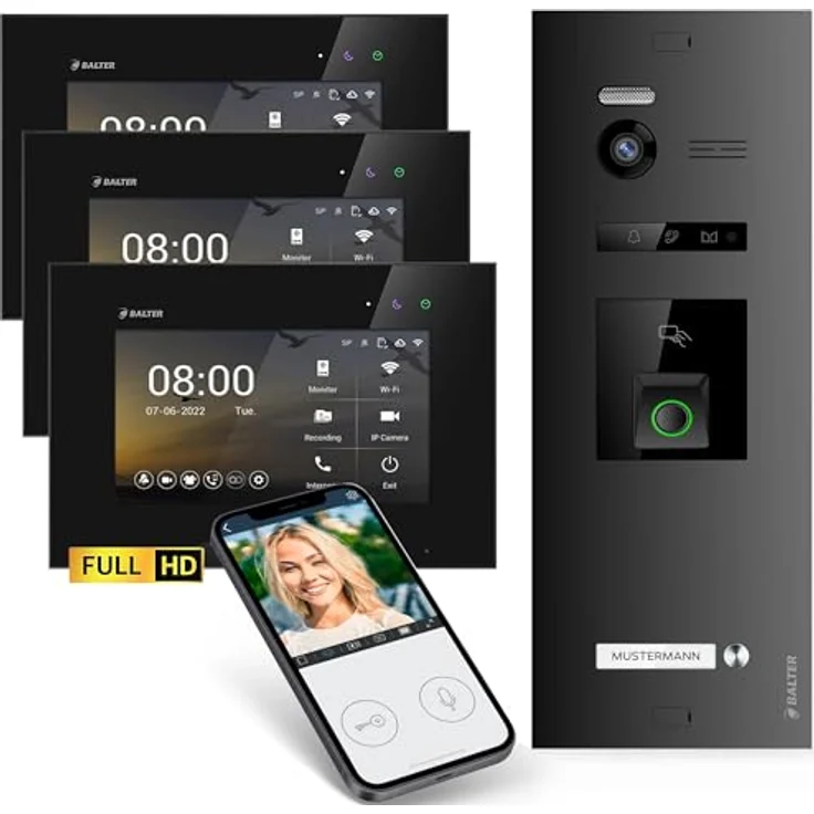 Balter EVO-HD Video Türsprechanlage mit Fingerprint, 3x 7 Zoll Full HD Monitore, 175° Weitwinkel, Smartphone App, 2-Draht Bus, RFID – Bild 1