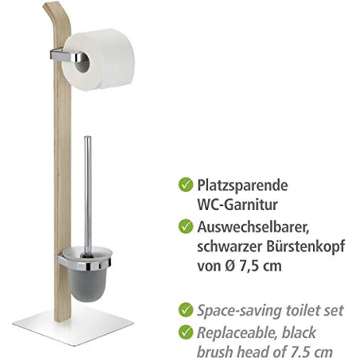 WENKO Stand WC-Garnitur Samona Nature, moderner Ständer für Toilettenpapier & Toilettenbürste, inkl. WC-Bürste mit auswechselbarem Bürstenkopf, Holz mit Chrom-Akzenten, 20 x 71,5 x 20 cm, braun – Bild 3
