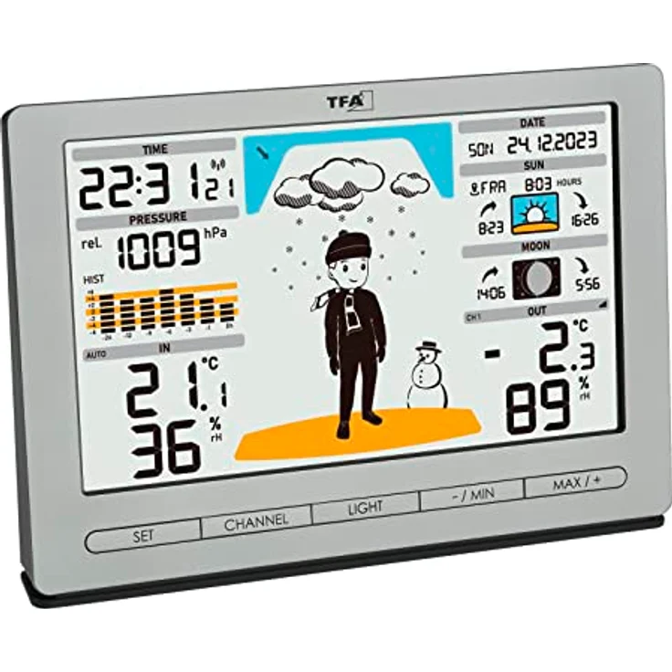 TFA Dostmann Funk Wetterstation METEO JACK, 35.1097.54, inkl Außensender, mit Wettervorhersage, Luftdruck, Mondphase, Sonnenaufgang- & -untergang, Funkuhr, silber – Bild 5