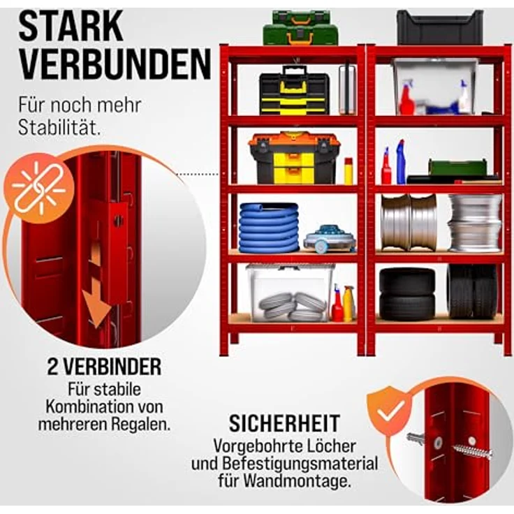 Monzana Schwerlastregal Kellerregal Steckregal Werkstattregal Lagerregal Regal 5 Böden - 180x90x40cm - Rot – Bild 4