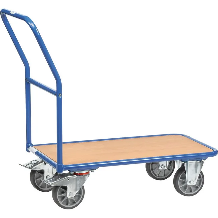 FETRA Transportwagen 2100, Stahl blau, Tragfähigkeit 400 kg, Holzwerkstoffplatte Buchendekor, 4 Räder, Made in Germany
