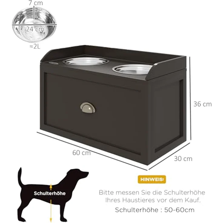 PawHut Hundenapf, 2 x 2L Futternapf, erhöhter Fressnapf mit Schublade, Edelstahlnapf, Futterstation für große Hunde, Kaffee – Bild 5