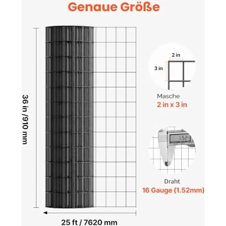 VEVOR Weidezaun, 91 cm x 7,62 m, verzinkter Stahldrahtzaun mit schwarzer PVC-Beschichtung, Maschenweite 5,08 x 7,62 cm für Hühner und Kaninchen – Bild 3
