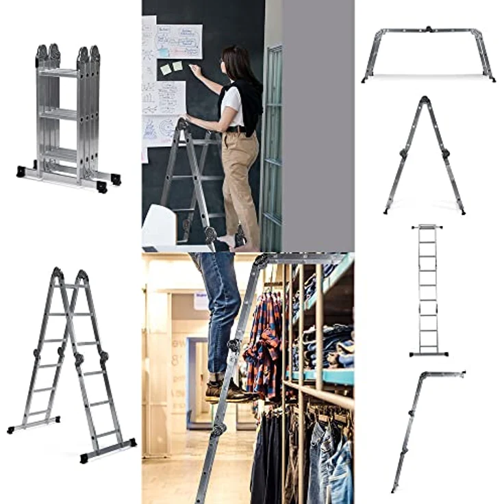 hjh OFFICE 801202 Mehrzweckleiter 12 Stufen mit 2 Gerüstplatten SOLID W3 Aluminium 345cm Gelenkleiter bis 150kg belastbar, Silber – Bild 5