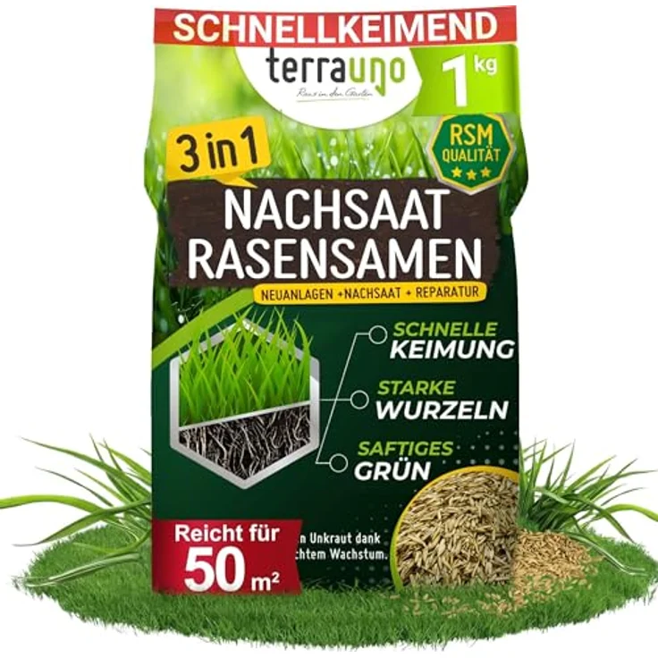Terrauno Turbo Rasensamen, schnellkeimend für Nachsaat, extrem hohe Keimrate, 1 kg für 50 m², trockenresistent, RSM Qualität – Bild 1