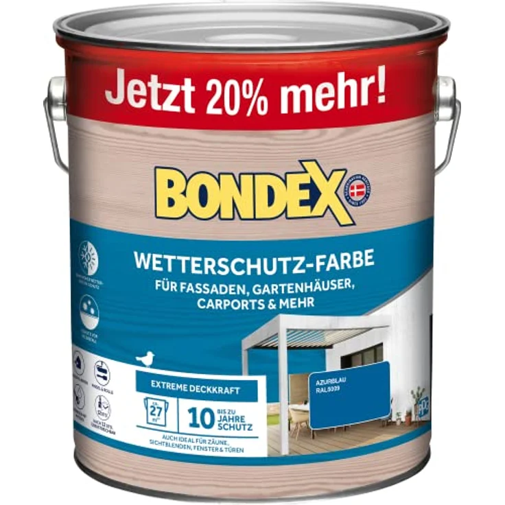 Bondex Wetterschutz Farbe Azurblau (RAL5009) 3 L für 27 m² | Extreme Deckkraft | Hervorragende Witterungsbeständigkeit | seidenglänzend | Wetterschutzfarbe | Holzfarbe – Bild 1