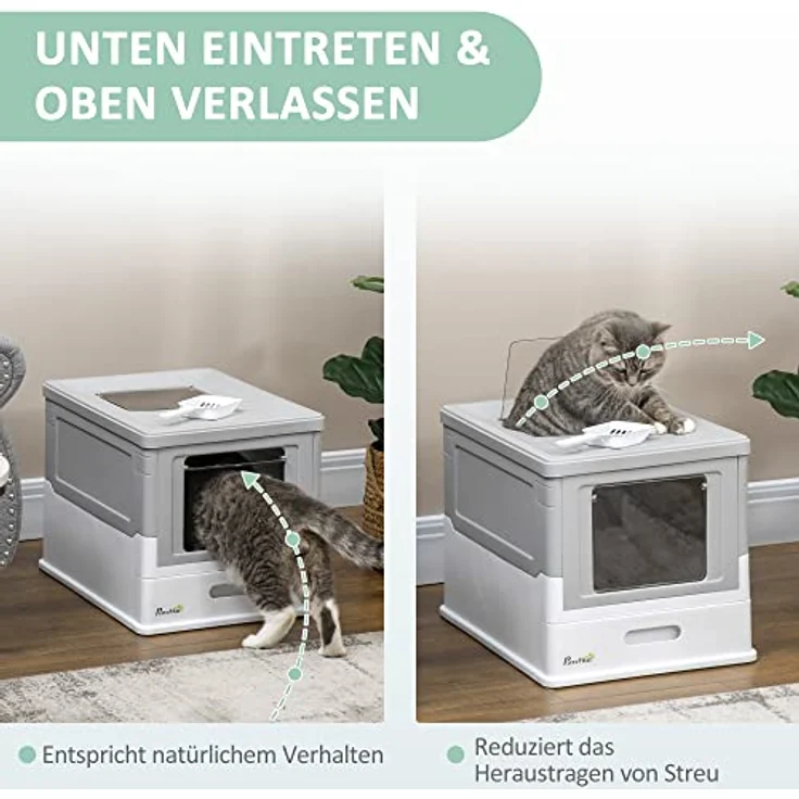 PawHut Katzentoilette Katzenklo mit Deckel Katzenhaus mit Bodenschale und Schaufel Desodorierungsbox Kunststoff Weiß+Grau 47,5 x 35,5 x 36,7 cm – Bild 5
