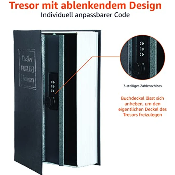 Amazon Basics Buch-Safe mit Kombinationsschloss, Groß, Schwarz - Tragbare Versteckbox für Wertsachen mit Stoffüberzug und 3-stelligem Zahlenschloss – Bild 4