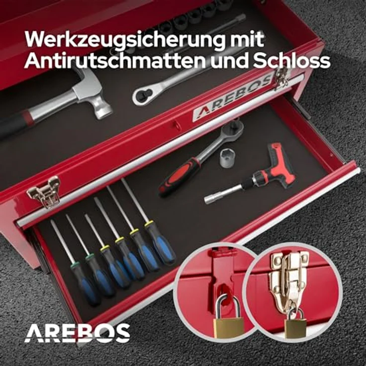 Werkzeugkoffer mit 3 Schubfächer rot - Werkzeugkasten Werkzeugbox Werkzeugkiste - rot - Arebos – Bild 5