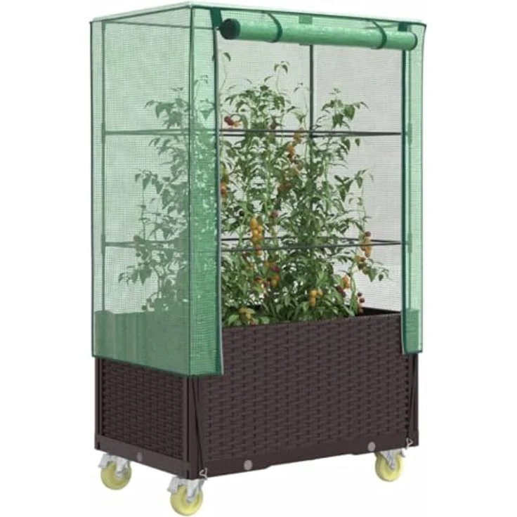 vidaXL Hochbeet mit Aufsatz und Rollen Rattan-Optik 80x50x182 cm, stabiler Rahmen, Gewächshausaufsatz, wasserfeste Abdeckung – Bild 2
