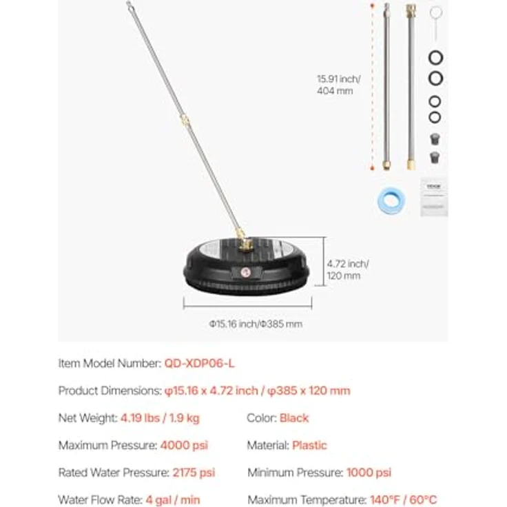 VEVOR 385 mm Hochdruckreiniger, max. 3000 PSI, Kunststoff auf Rädern, 2 Sprühdüsen, 2 Verlängerungsstangen für Beton, schwarz – Bild 7