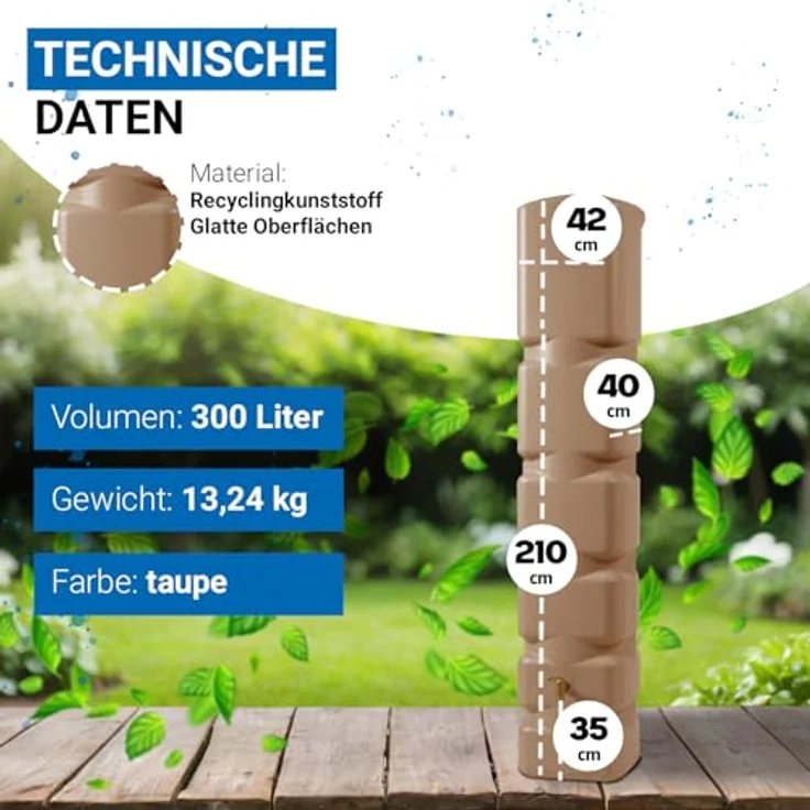 4rain Basic Regentonne Set 300 Liter, taupe, platzsparendes Design, wetterfest und langlebig, inklusive Fallrohrfilter und Auslaufhahn – Bild 3