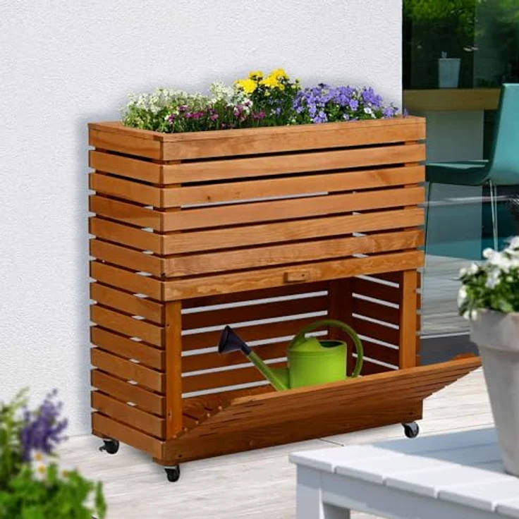 dobar® Hochbeet Rolla L, Massivholz mit Rollen, erhöhtes Beet mit Stauraum, 72 x 32,5 x 78 cm, braun – Bild 2