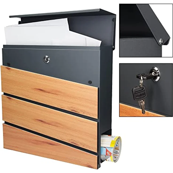 ECD Germany Standbriefkasten mit Zeitungsfach, Design Briefkasten mit Pfosten, Briefkastenanlage, Briefkastenständer 120 cm Anthrazit Edelstahl, Postkasten Anthrazit Holzoptik Stahl 37 x 36,5 x 11 cm – Bild 4