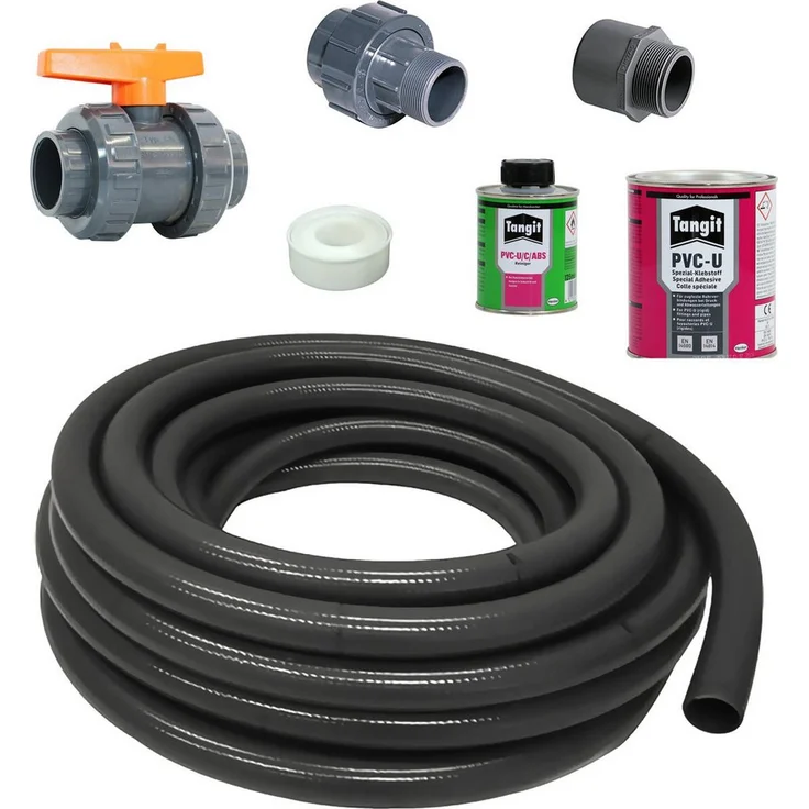 Waterman Poolschlauch Verrohrungsset TP, 25 m PVC Schlauch, grau mit Kugelhahn und PVC-Verschraubungen