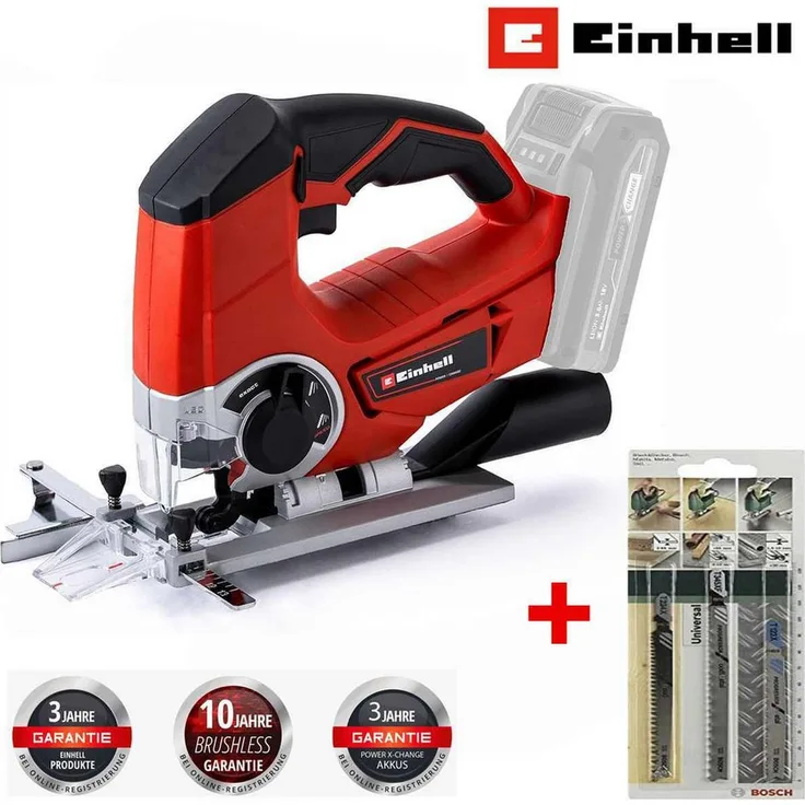 Einhell Akku-Stichsäge TE-JS 18/80 Li-Solo 18 V + 3 x Bosch Stichsägeblätter, Mitglied der Power X-Change Familie, hohe Laufruhe und pendelbarer Hub - Preisvergleich