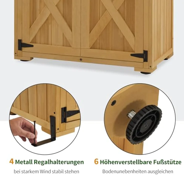 M MCombo Gartenschrank Holz, Gartenhaus Klein Wetterfest, Outdoor Gerätehaus Geräteschuppen, für Außenbereich Balkon Terrasse, 55×90×169cm, 0878D (Natur) – Bild 5