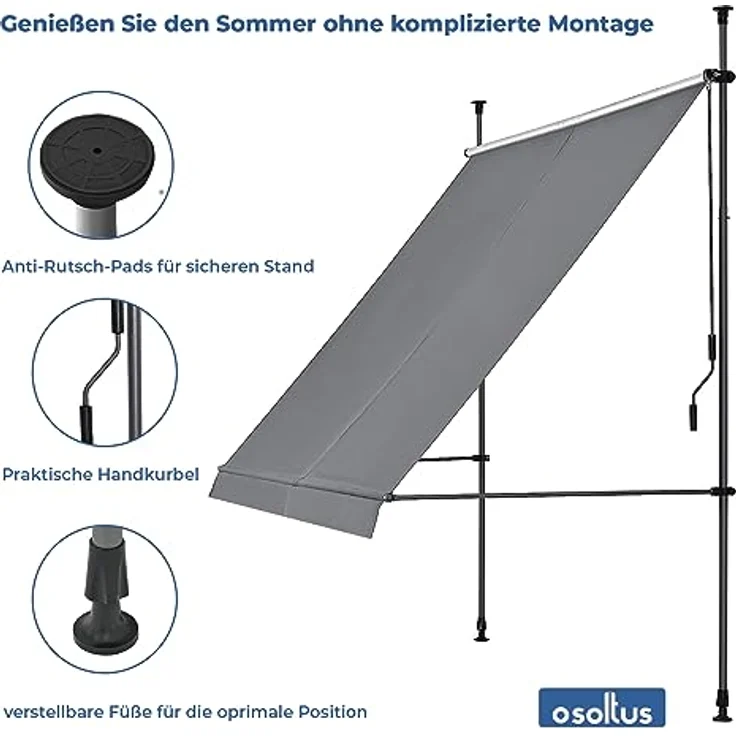 osoltus Klemmmarkise, Balkonmarkise, höhenverstellbar, mit Handkurbel, Sonnenschutz, für Balkon, Terrasse, Garten (250cm, Hellgrau) – Bild 3