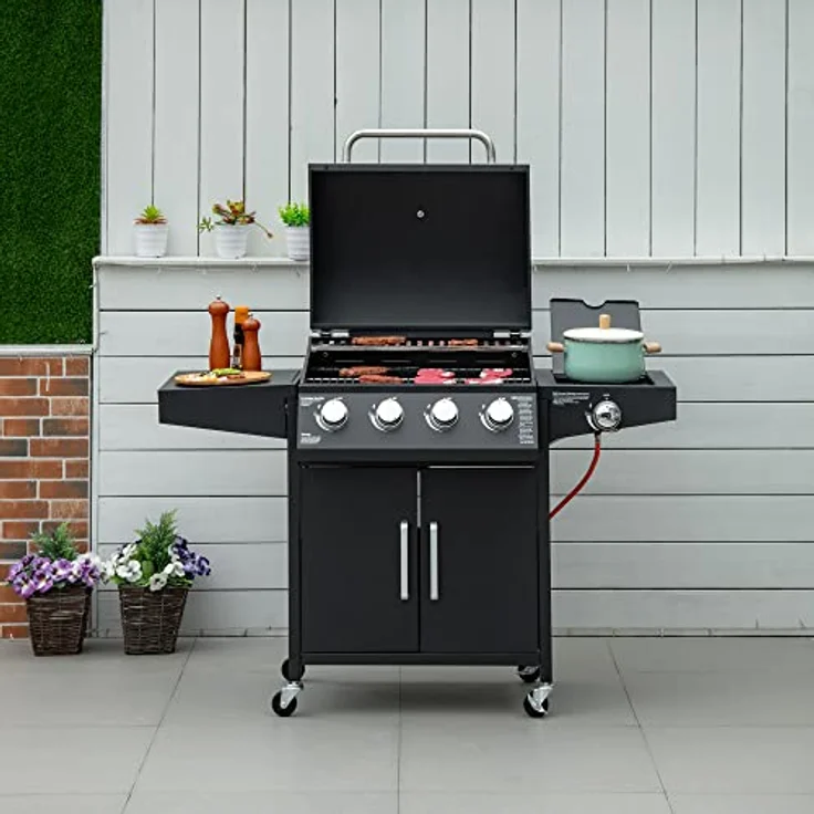 Outsunny Gasgrill BBQ mit 4 Brennern je 3 kw mobiler Grillwagen mit 4 Rädern Grillnetz Seitentischen Druckminderer Schläuche Schrank Multifunktion Stahl Schwarz 132,4 x 55 x 109 cm - Preisvergleich – Bild 2