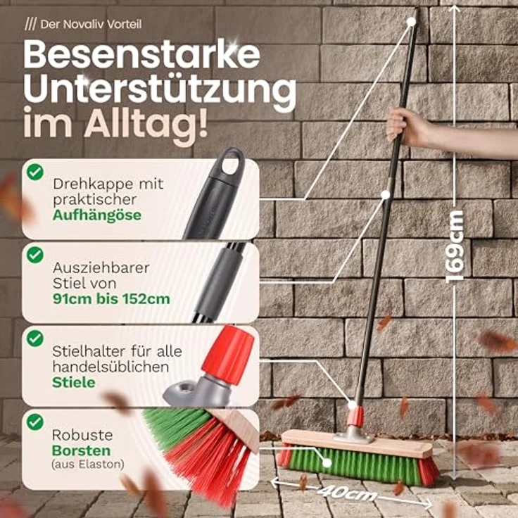 Novaliv Kehrbesen mit Teleskopstiel, Allzweckbesen für drinnen und draußen, 91-152 cm, schwarz, Holzbürste mit Elaston-Borsten, 45 cm breit – Bild 2