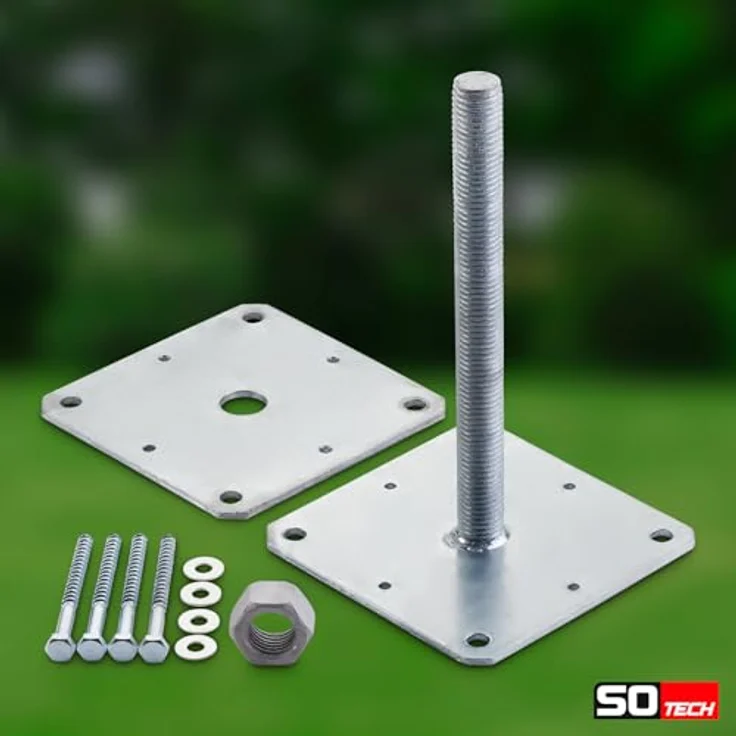 SO-TECH® Pfostenträger Stützträger höhenverstellbar M24, feuerverzinkt, wetterfest, 160 x 160 x 250 mm, inkl. Sechskant-Holzschrauben – Bild 2