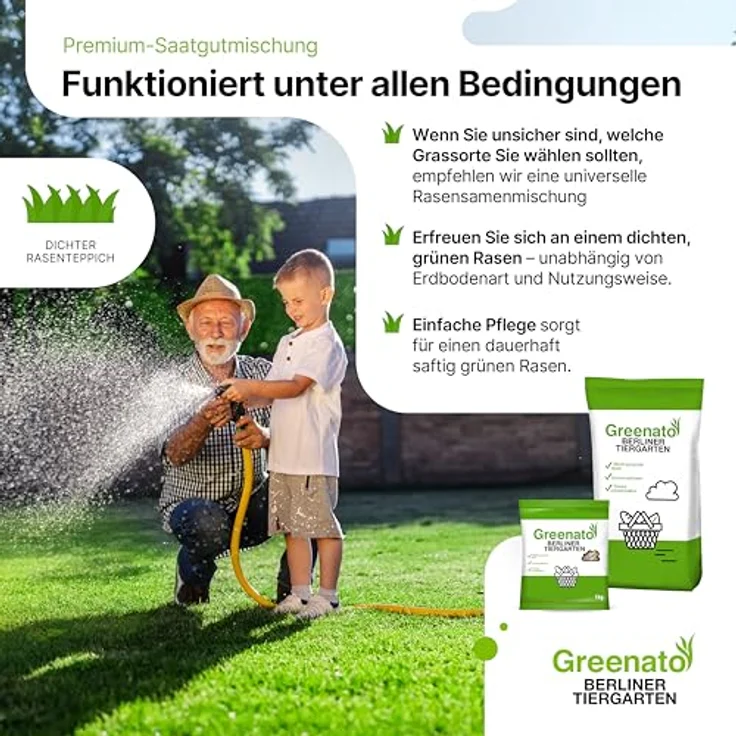 Greenato Rasen Nachsaat 1kg Berliner Tiergarten - schnellkeimend für Frühjahr und Herbst, Rasennachsaat für bis zu 100 m², Schattenrasen, unkrautverdrängend – Bild 4