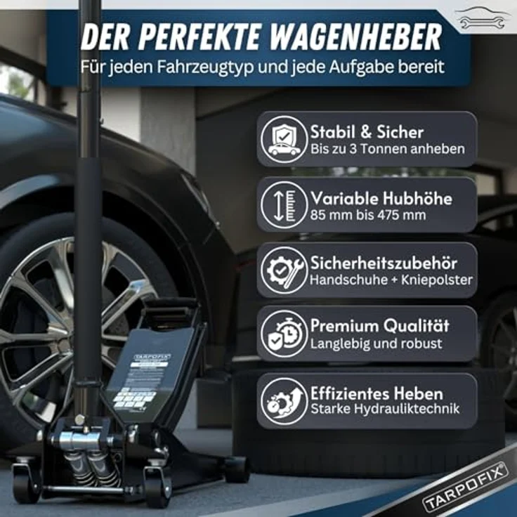 Tarpofix Hydraulischer Wagenheber 3T, flach für Auto & SUV, Hubhöhe 85 - 475 mm, inkl. Gummiauflage & Handschuhe – Bild 3