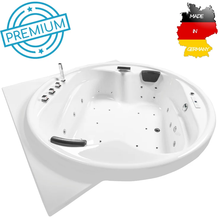 Basera® Whirlpool-Badewanne PREMIUM Indoor Podest-Whirlpool Badewanne XXL Gomera, (Komplett-Set), mit Ecke 186 x 186 cm, 28 Massagedüsen, Heizung, Ozongenerator, Hochglanz-Weiß