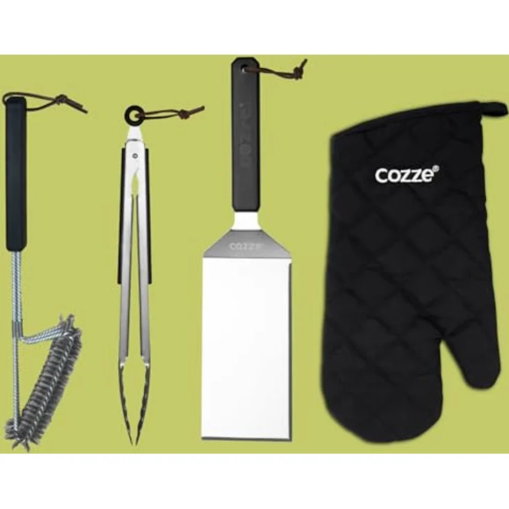 Cozze® Grillbesteck Set – 4-teiliges BBQ Set aus rostfreiem Edelstahl mit Grillzange, Wender, Grillbürste & Grillhandschuh, ideal für Gasgrill, Geschenk für Männer & BBQ-Fans – Bild 3