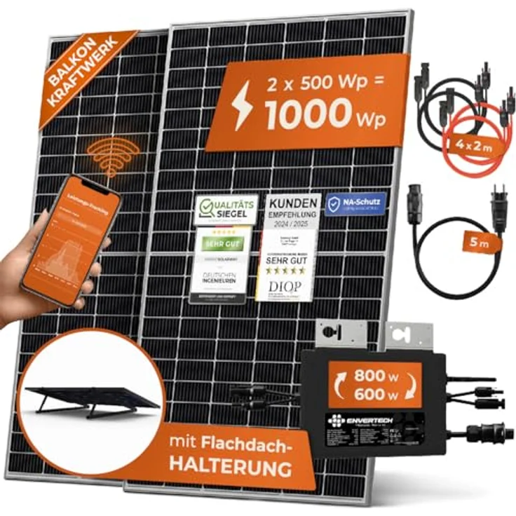 Solarway 1000W Balkonkraftwerk 800W - Envertech Wechselrichter - 500W Solarmodule - Komplettset, Steckdose, Wifi-Überwachung, genehmigungsfrei – Bild 1