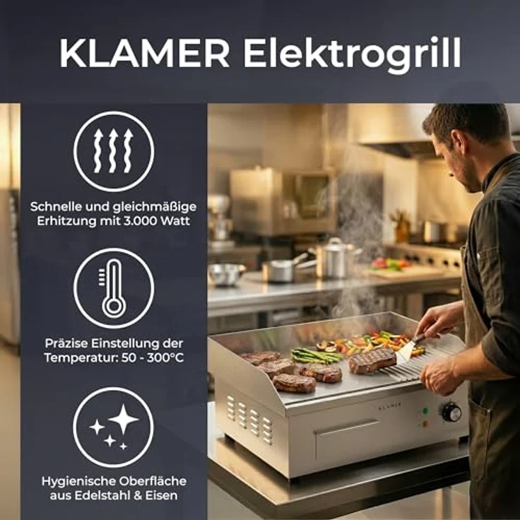 KLAMER Elektrogrill Edelstahl 3000W, XL Grillplatte 54,5x38,5 cm, präzise Temperaturkontrolle bis 300°C, kompakter Tischgrill – Bild 2