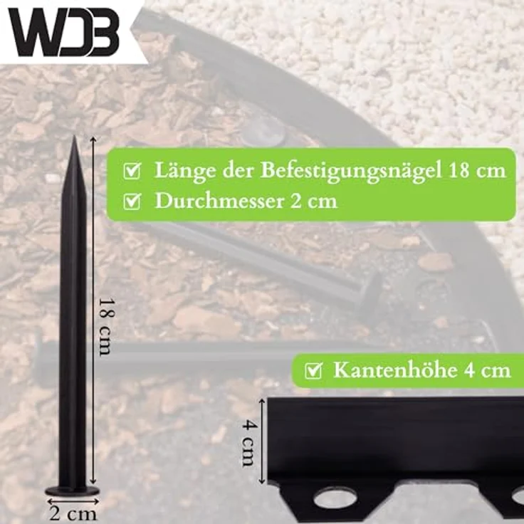 WDB Flexible Rasenkante aus Kunststoff, 30m lang, 4cm hoch, mit 60 Befestigungsnägeln, schwarz RAL 9005, wetterbeständig und elastisch – Bild 4