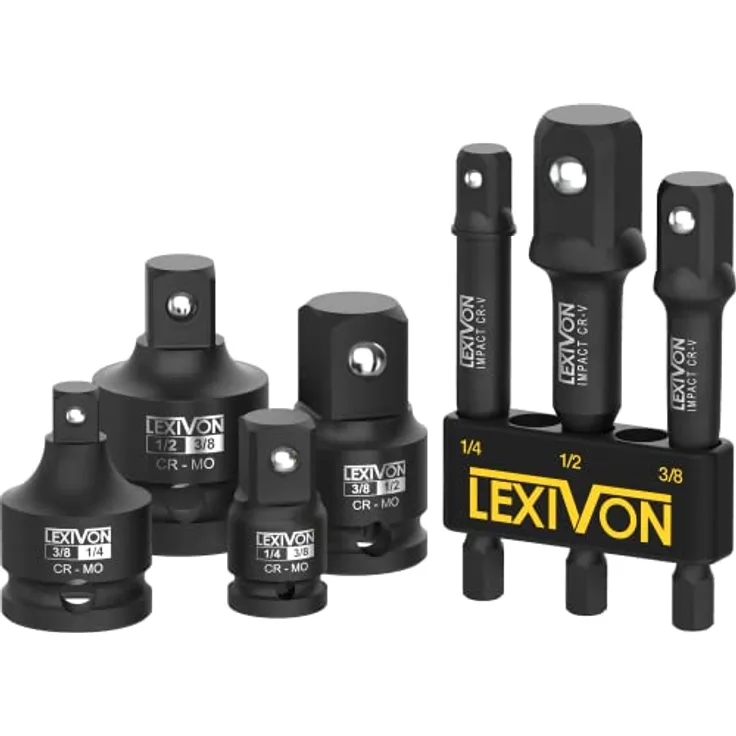 LEXIVON Schlagschrauber-Adapter-Kombinationsset LX-109, 7-teilig mit 1/4"-3/8"-1/2" Adaptern, aktive Rostschutz-Beschichtung durch Manganphosphat