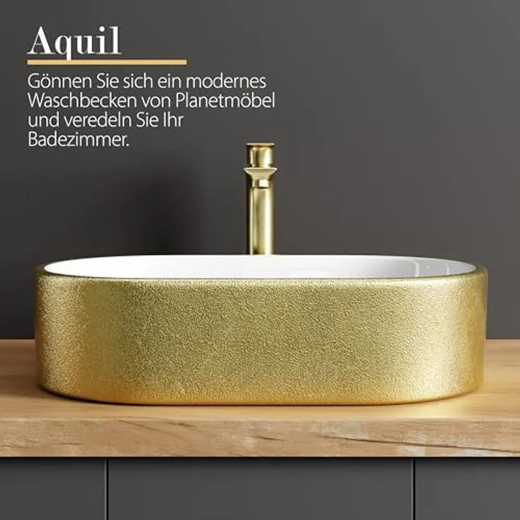 Planetmöbel Aufsatzwaschbecken Aquil, ovales Badezimmer Waschbecken 55 cm, glänzende goldene Oberfläche für Waschtisch – Bild 4
