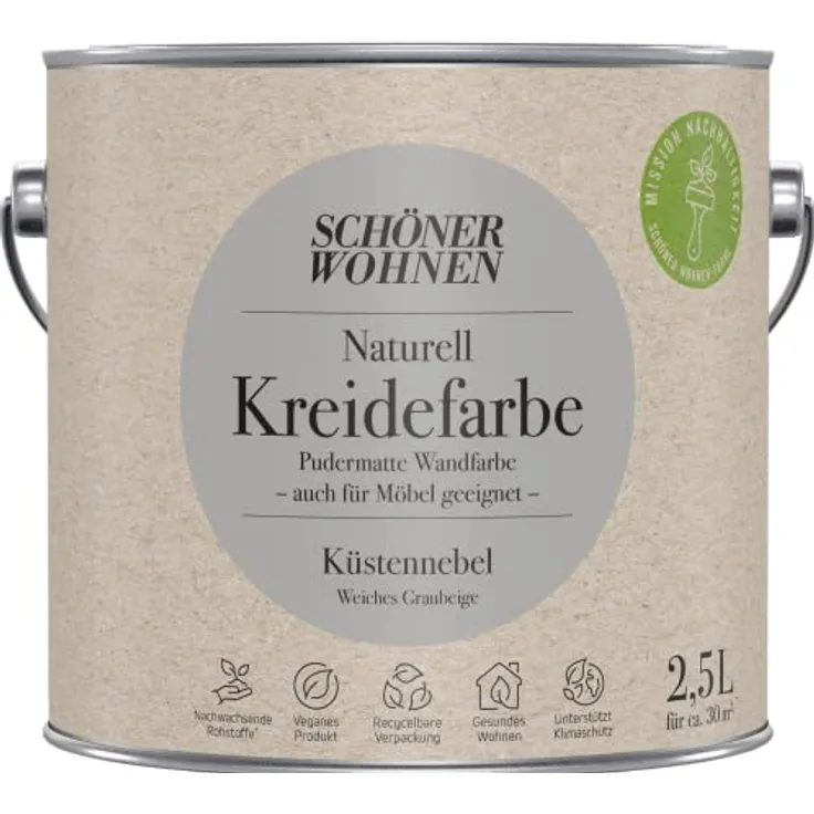 Schöner Wohnen 2,5L Naturell Kreidefarbe Küstennebel, Weiches Graubeige