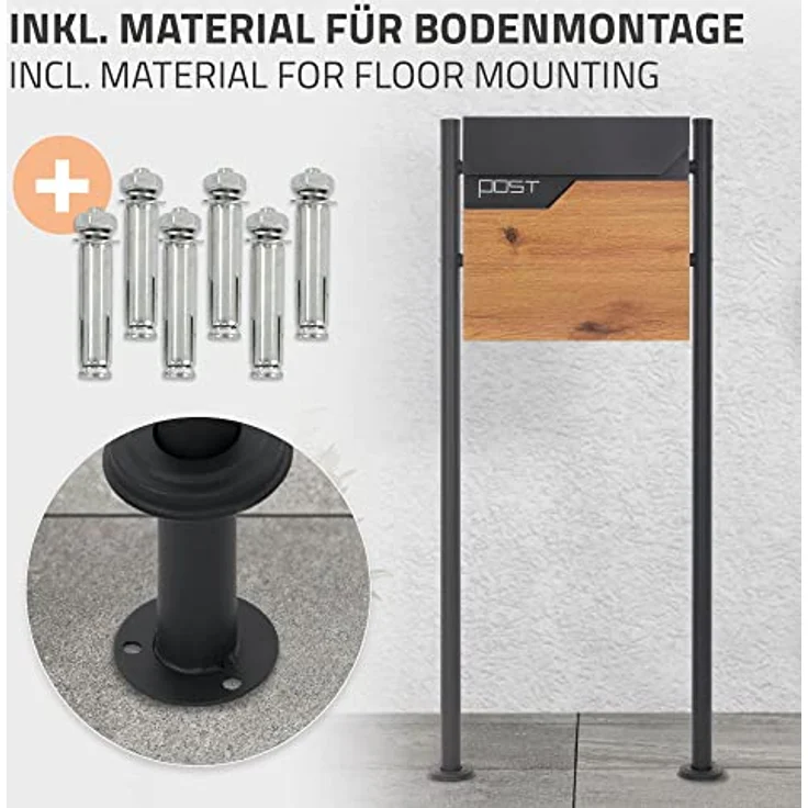 ECD Germany Standbriefkasten mit Zeitungsfach, Design Briefkasten mit Pfosten, Briefkastenanlage, Briefkastenständer Anthrazit Edelstahl pulverbeschichtet, Postkasten Anthrazit-Holzoptik Edelstahl – Bild 5