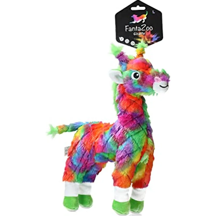 FantaZoo Giraffe - Buntes und recyceltes Hundekuscheltier - sehr robust, weich und langlebig - geeignet für mittelgroße Hunde - L - 32 x 19 cm