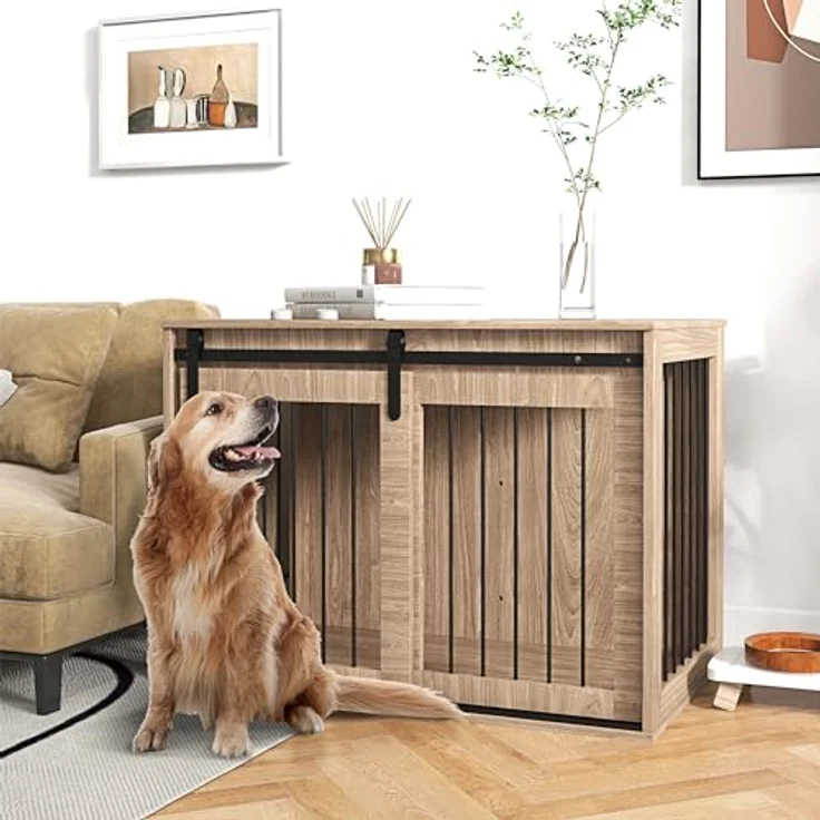 PawHut Hundekäfig Hundebox mit Schiebetür, Hundehütte Indoor mit Holzoptik, Verriegelung, Hundehaus für große Hunde bis 30 kg, Walnuss – Bild 2