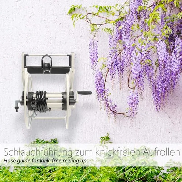 XPOtool Schlauchtrommel aus Metall, Wandmontage mit Handkurbel, für 60m Wasserschlauch, platzsparend und rückenfreundlich – Bild 3