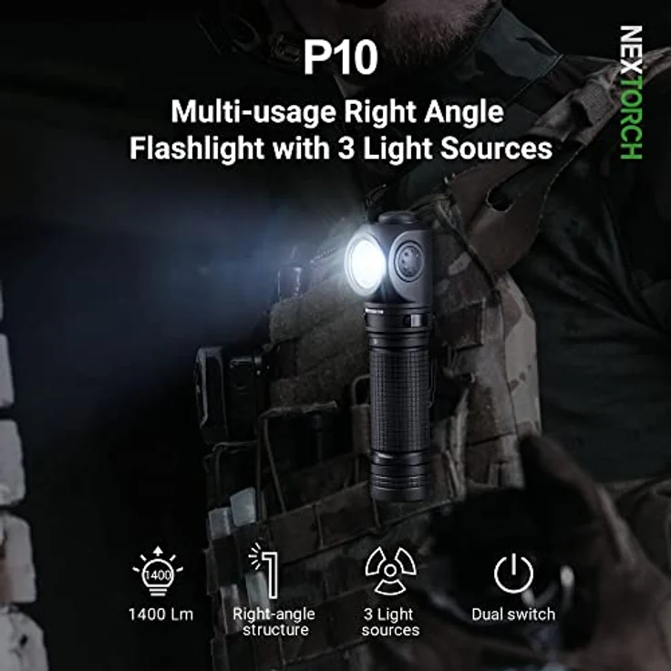 NEXTORCH P10 Mini LED Taschenlampe, 90 Grad rechtwinklig, 1400 Lumen, USB wiederaufladbar, rot, für Camping und Outdoor – Bild 2