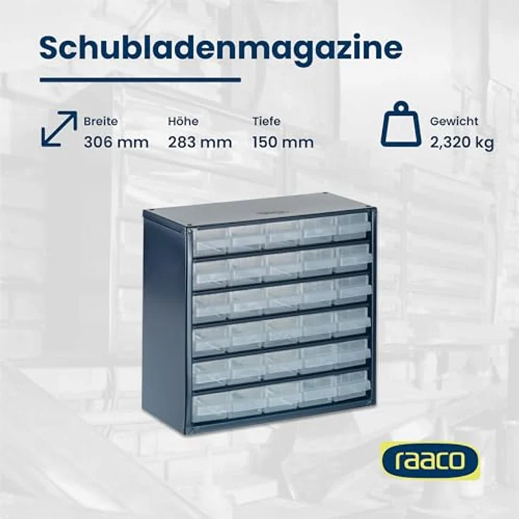 Raaco Werkstattschrank, Schubladenmagazin aus Stahl mit dunkelblauer Emaillackierung, 30.60 cm x 28.30 cm, freistehend oder wandmontierbar – Bild 5