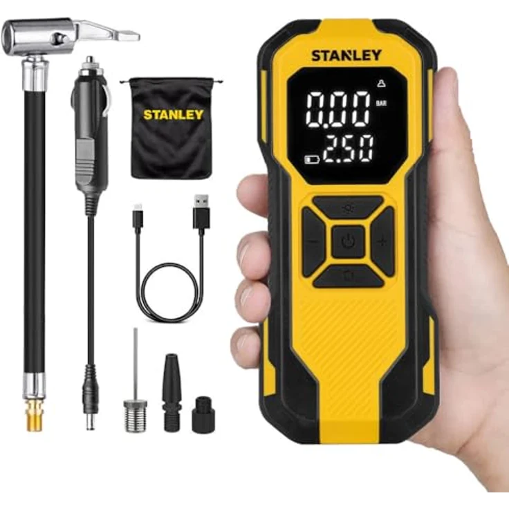 Stanley SXIF0101, 12V wiederaufladbare Li-ion Reifenfüllpumpe mit 150 PSI, digitaler Anzeige, Powerbank, SOS-Funktion und LED-Lampe – Bild 1