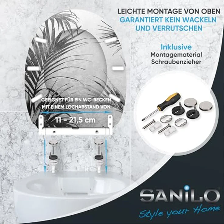 Sanilo WC Sitz Palmera, mit Absenkautomatik, schwarzes Design, stabiles Holz, antibakterielle Beschichtung, 46-48 cm verstellbar – Bild 6